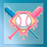 A baseball bat and ball with dripping colors are depicted in the image.