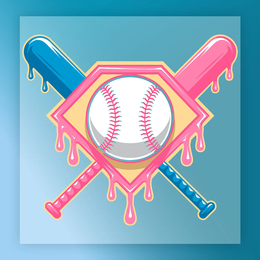 A baseball bat and ball with dripping colors are depicted in the image.
