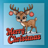 The InkMerge Merry Christmas Reindeer Design features a cute reindeer with antlers adorned in red snowflake ornaments, standing on snow above bold "Merry Christmas" text—ideal for heat press transfer projects on a blue background.