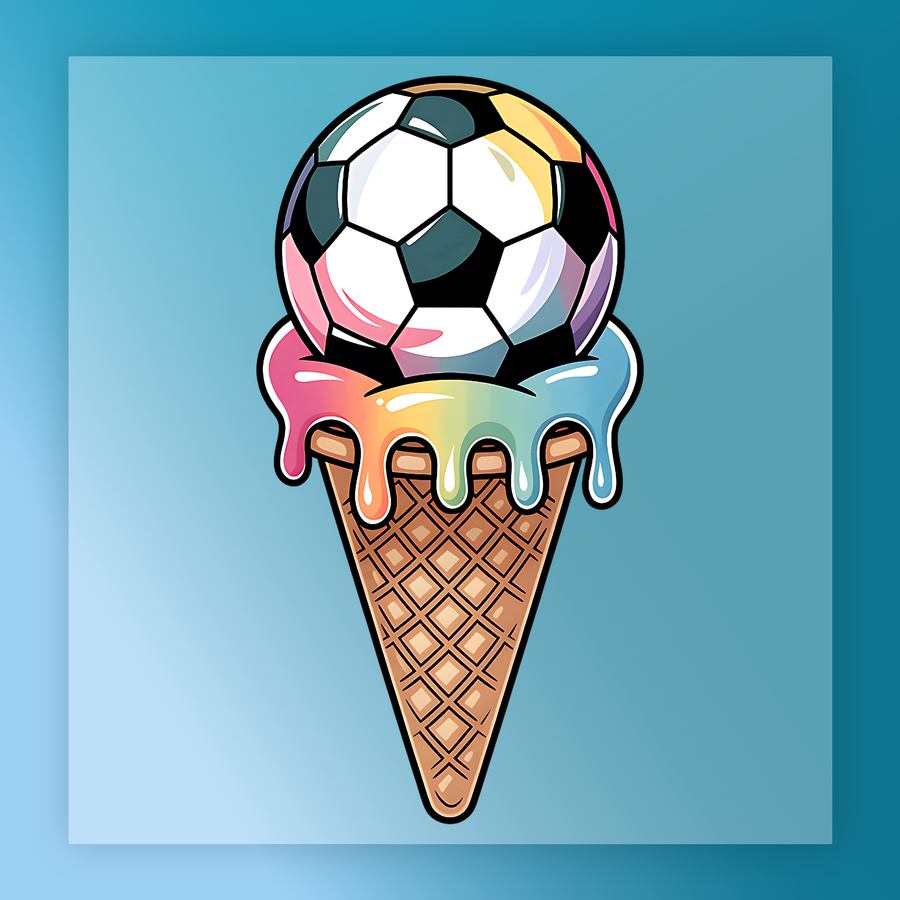 A colorful ice cream cone with a soccer ball on top, set against a blue background.