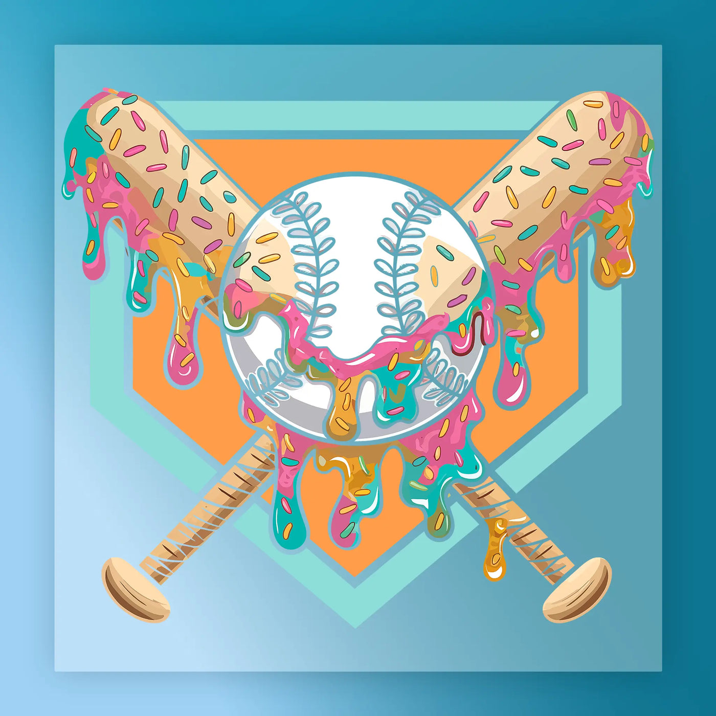A baseball bat with colorful frosting dripping from it, and a baseball with frosting on it, set against a blue background with an orange and green geometric pattern.