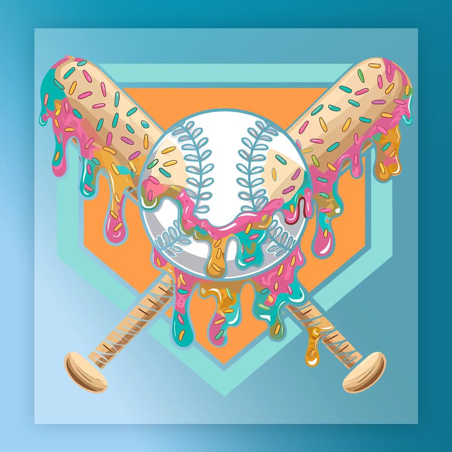 A baseball bat with colorful frosting dripping from it, and a baseball with frosting on it, set against a blue background with an orange and green geometric pattern.