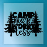 InkMerge Camp More Worry Less Silhouette Design features two pine trees and the phrase in bold and cursive on a light blue square—ideal for DTF transfer or heat press applications.