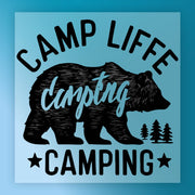 The Mama Bear Silhouette Design by InkMerge features “Camp Life” above and “Camping” below, with pine trees and stars on a blue background—ideal for custom apparel or DTF transfers, with “camping” across the bear’s body.