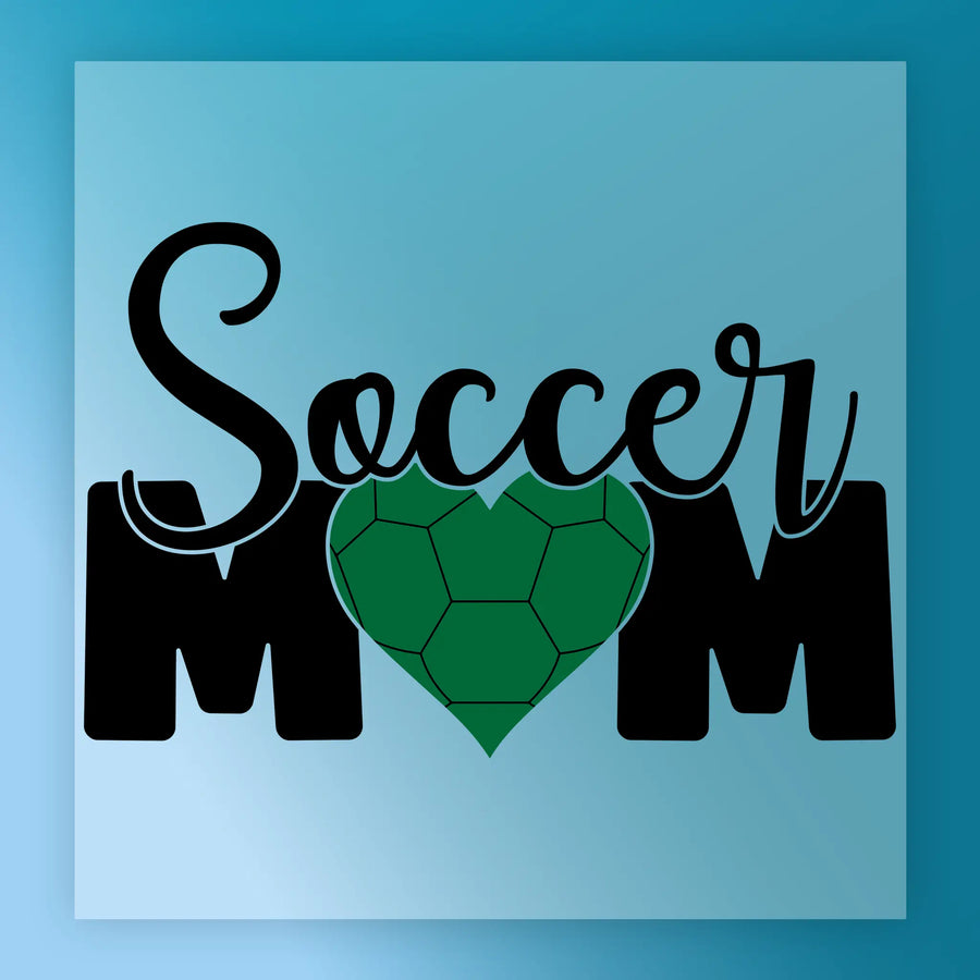 a graphic design with the text "Soccer Mom" and a heart shape, all in black and green colors.