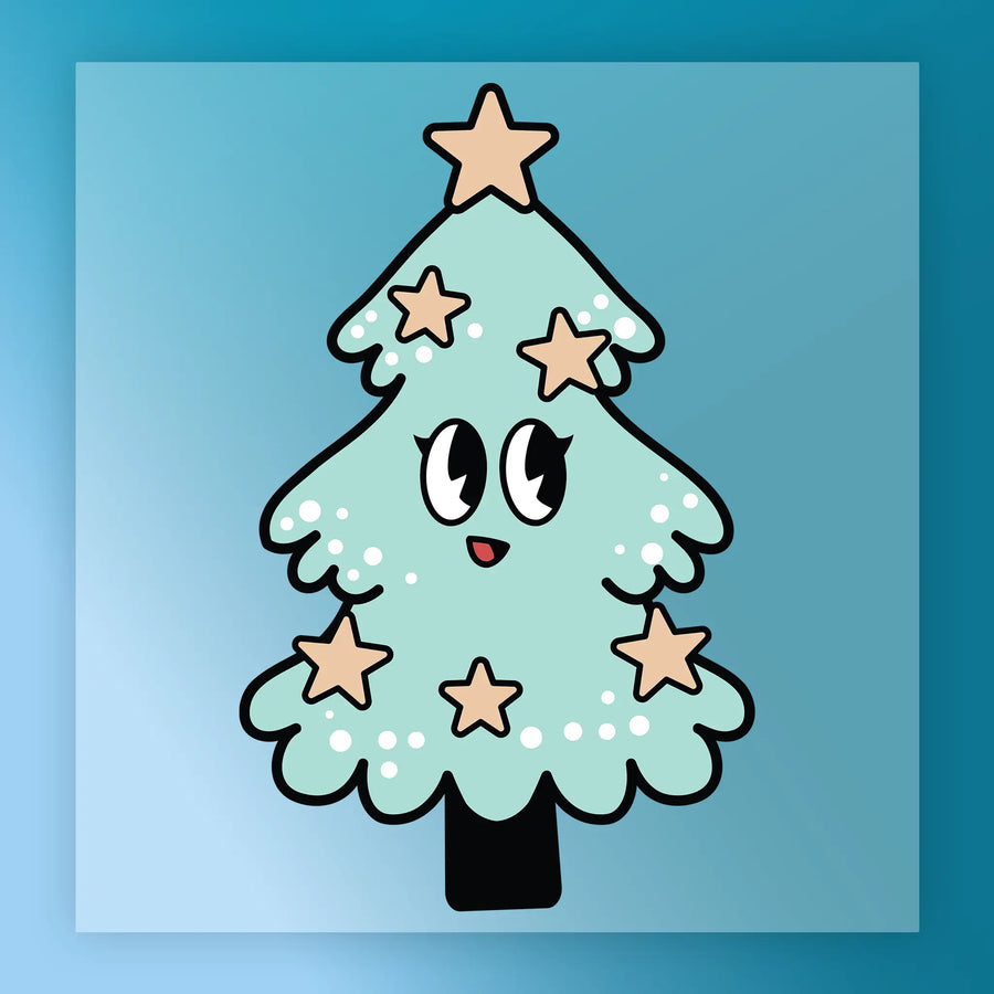 Christmas HO HO HO by InkMerge features a cartoon Christmas tree with big eyes, a smiling mouth, and cream-colored stars and white dots on a blue gradient—perfect for your festive DTF transfers.