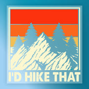 Vintage illustration of mountains, pine trees, and a sunset in red-orange stripes with "The Mountains Are Calling Adventure Quote" by InkMerge—ideal for DTF transfers or heat press designs.