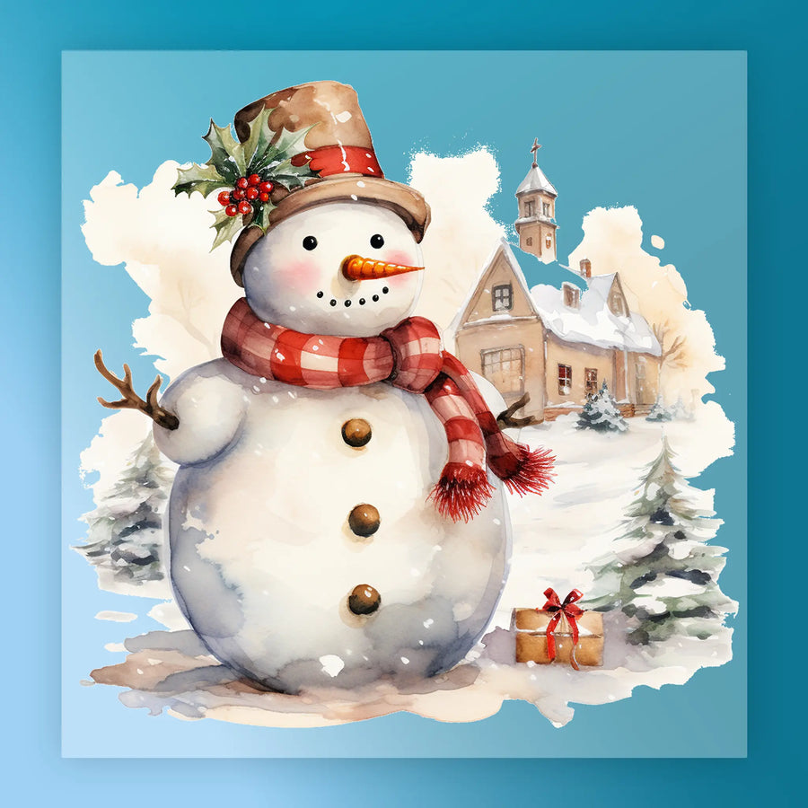 The Traditional Christmas Snowman Scene by InkMerge features a snowman with a plaid scarf, brown hat, and carrot nose beside pine trees, gifts, and a church—ideal for your next DTF transfer or heat press project.