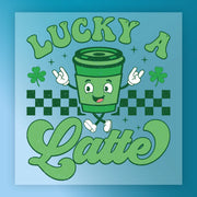 a cartoon cup of latte with a smiling face, surrounded by a checkered pattern and the text "Lucky a Latte".