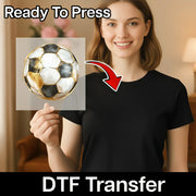 A woman holding a transparent sheet with a soccer ball image on it, and there is text that says "Ready To Press" and "DTF Transfer" below the image.