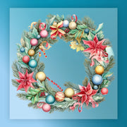 InkMerge Watercolor Christmas Wreath Design features ornaments, red and gold beads, ribbon bows, pine branches, holly leaves, and poinsettias on a blue gradient—ideal for DTF transfer holiday shirts.