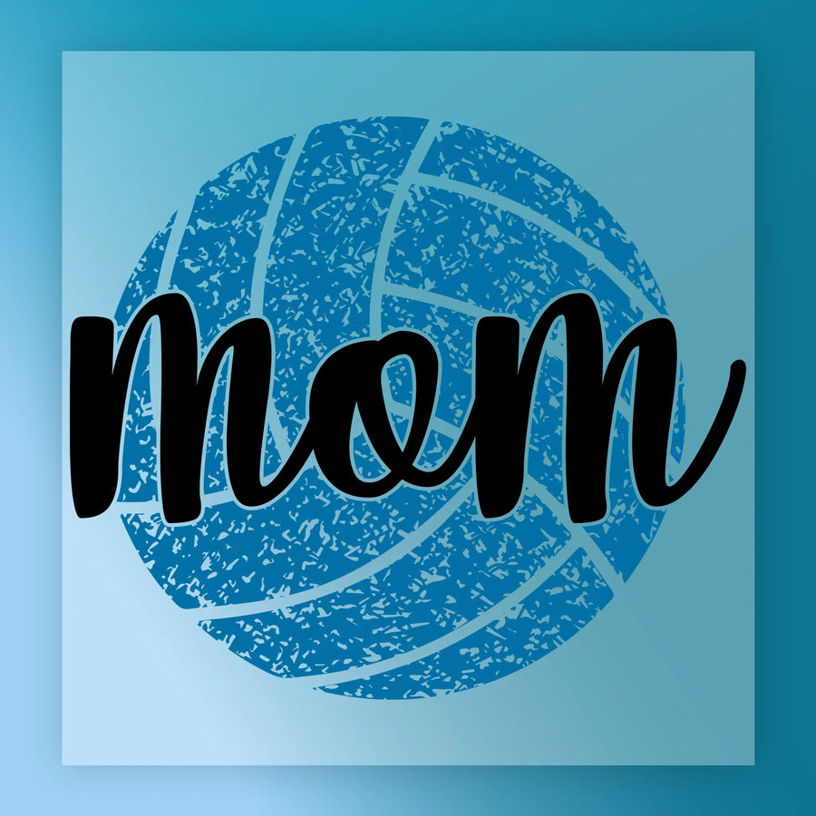 A volleyball with the word "Mom" written on it in a stylized font.