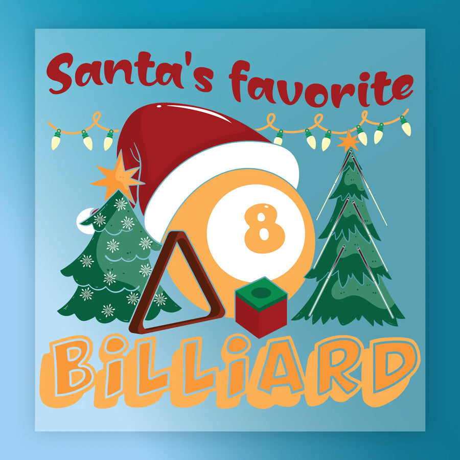Celebrate the holidays with InkMerge's Santa Billiard Humor: a fun design featuring BILLIARD text, an 8-ball in a Santa hat, Christmas trees, and lights—perfect for DTF transfers or ugly sweater parties.