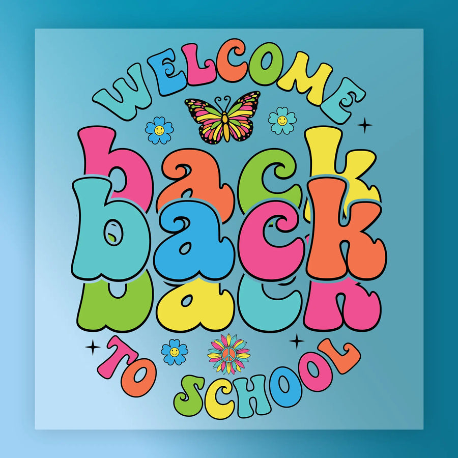 The image is a colorful and vibrant welcome back to school graphic with the text "WELCOME back to SCHOOL" prominently displayed.
