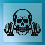 A stylized illustration of a skull with a barbell on its jaw, set against a blue background.