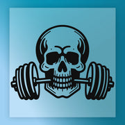A stylized illustration of a skull with a barbell on its jaw, set against a blue background.