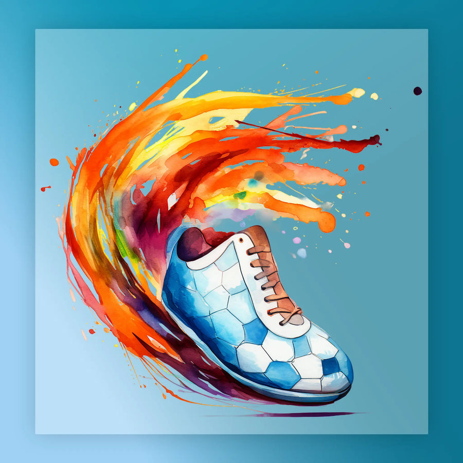 A vibrant, abstract illustration of a soccer shoe with a colorful, dynamic design, featuring splashes of orange, yellow, and red paint.