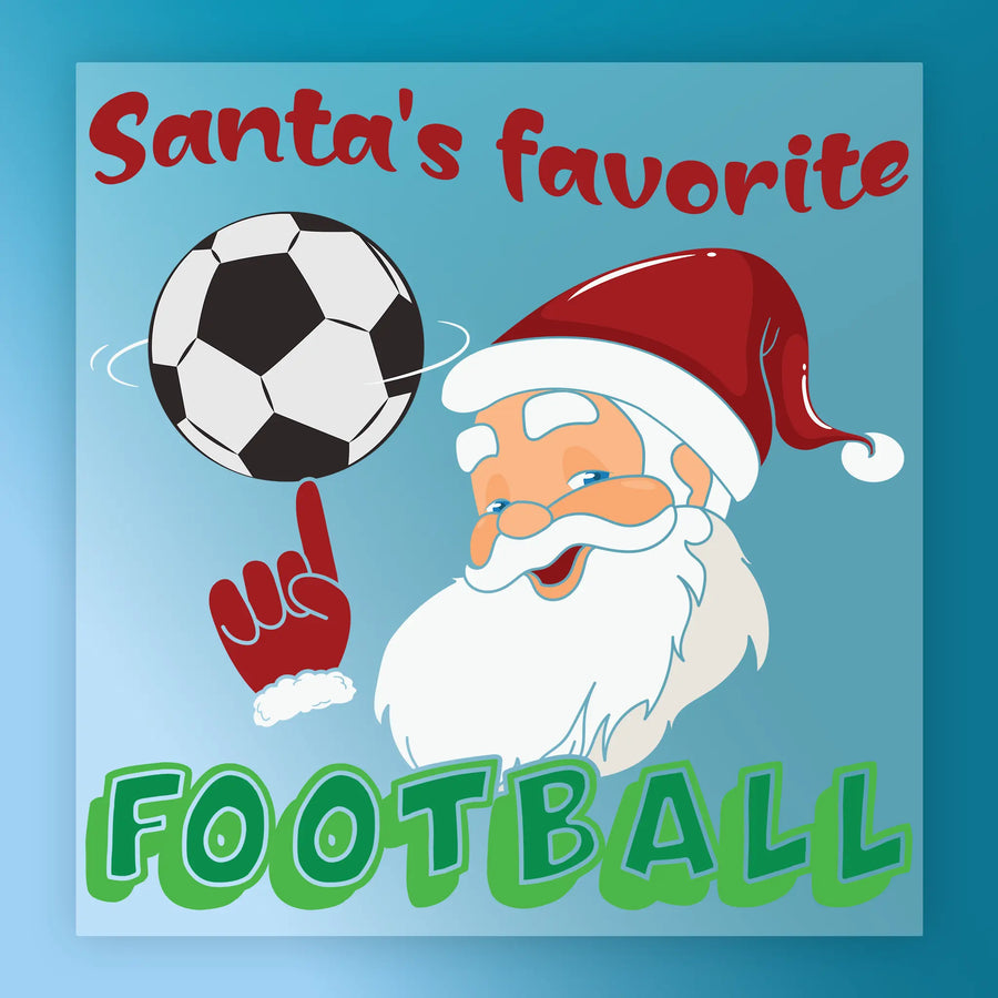 InkMerge’s Santa's Favorite Football Soccer Design features a smiling cartoon Santa in a red hat spinning a soccer ball on his finger, with “Santa’s favorite FOOTBALL” in bold green letters. Ideal for custom DTF transfer apparel. Blue background.