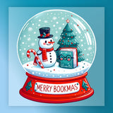 The InkMerge Merry Bookmas Snow Globe Design features a smiling snowman, Christmas tree, and book with glasses. The “Merry Bookmas” base and falling snowflakes make it perfect décor for any holiday or ugly sweater party.