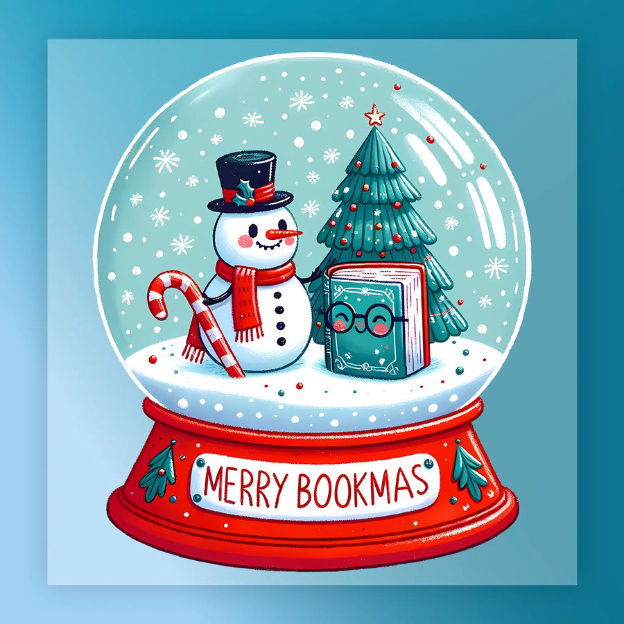 The InkMerge Merry Bookmas Snow Globe Design features a smiling snowman, Christmas tree, and book with glasses. The “Merry Bookmas” base and falling snowflakes make it perfect décor for any holiday or ugly sweater party.