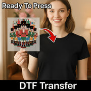 A woman in a black shirt holds a square sheet with InkMerge's Nutcracker Christmas Design; text reads Ready To Press and premium DTF film, with a red arrow pointing to her shirt.
