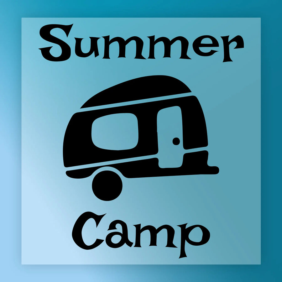 The image is a graphic design for a summer camp, featuring a black and white illustration of a camper van or trailer.