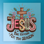 InkMerge’s “Jesus The Reason For The Season Christian Design” features festive JESUS lettering with Christmas accents, a wooden cross, and the phrase—ideal DTF transfer art for custom holiday apparel.