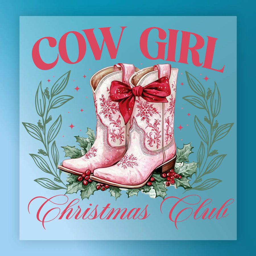InkMerge's Cowgirl Christmas Club features pink cowboy boots with a red bow, holly, and leaves on a blue background—ideal for your next holiday or Cowgirl Christmas Club DTF transfer project.