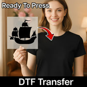 A woman holding a stencil with a ship image on it, and there is a red arrow pointing to the stencil.