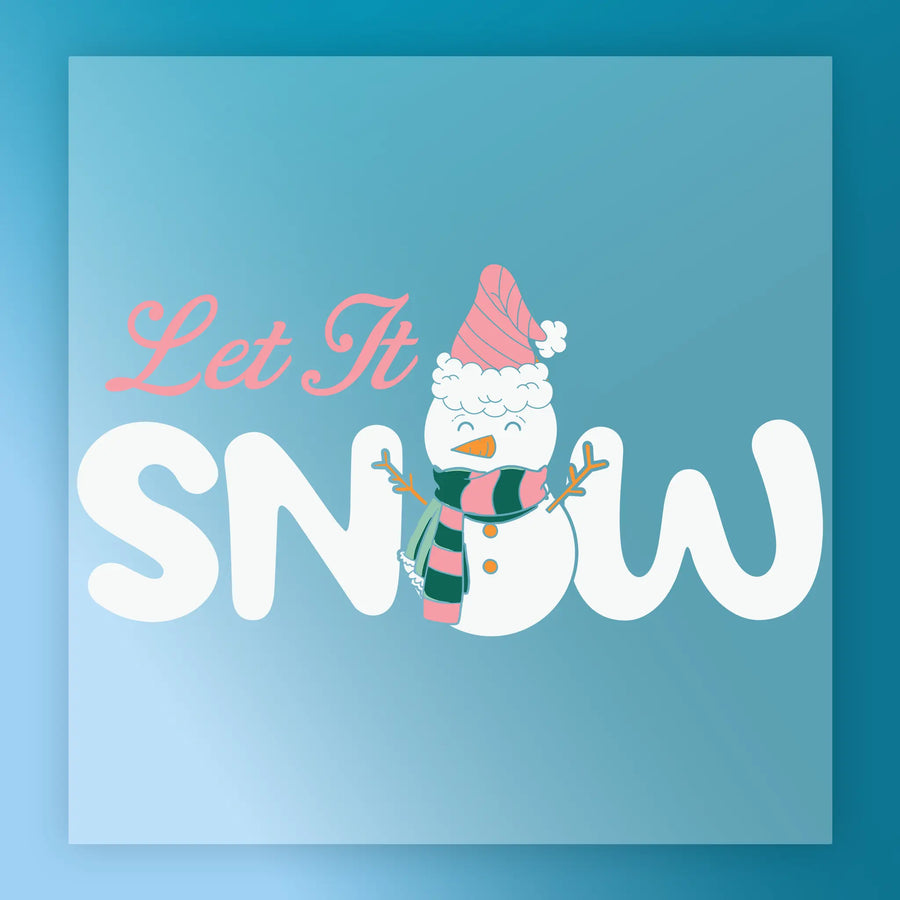 The Let It Snow Snowman Design by InkMerge features a cheerful snowman with a pink hat and scarf as part of "SNOW," and "Let It" in cursive above, all on a blue background—ideal for festive holiday shirts.