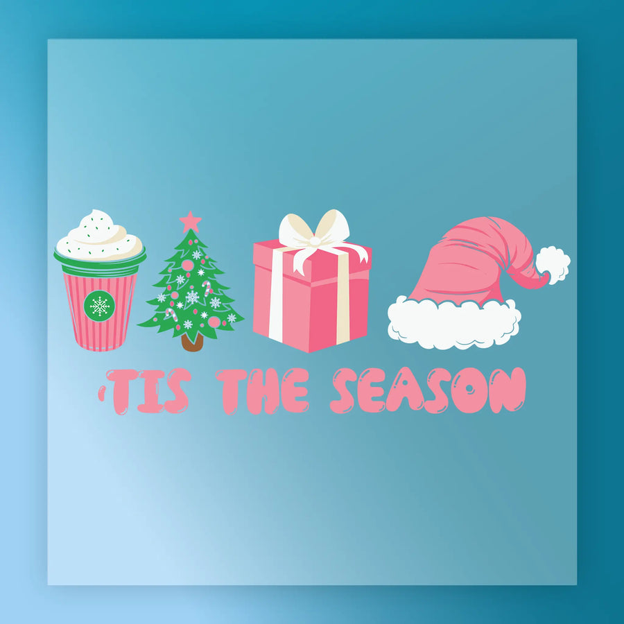 The InkMerge Tis the Season Festive Design features a holiday drink, Christmas tree, gift box, and Santa hat over “‘Tis the Season” in pink on blue—ideal for your next DTF or heat press transfer project.