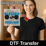 A smiling woman holding a sign with the text "Stressed BLESSED VOLLEYBALL OBSESSED" and a red arrow pointing to the sign.