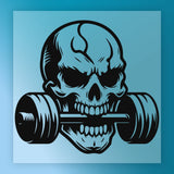 A stylized illustration of a skull with a barbell on its teeth, set against a blue background.