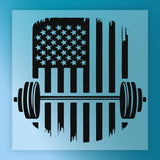 a graphic design with a barbell and an American flag, both rendered in black and white.