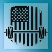 a graphic design with a barbell and an American flag, both rendered in black and white.