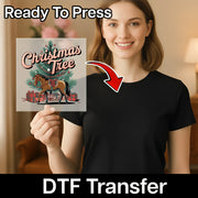 A smiling woman in a black shirt holds InkMerge’s Equestrian Holiday DTF transfer, featuring a horse, tree, gifts, “Ready To Press” text, and a red arrow—ideal for Christmas sweaters or festive apparel projects.