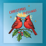 The Christmas Blessings Cardinals Design by InkMerge features two red cardinals on a holly branch with green leaves and berries, yellow stars, and festive text on a blue background—perfect for your DTF transfers or ugly sweater parties.