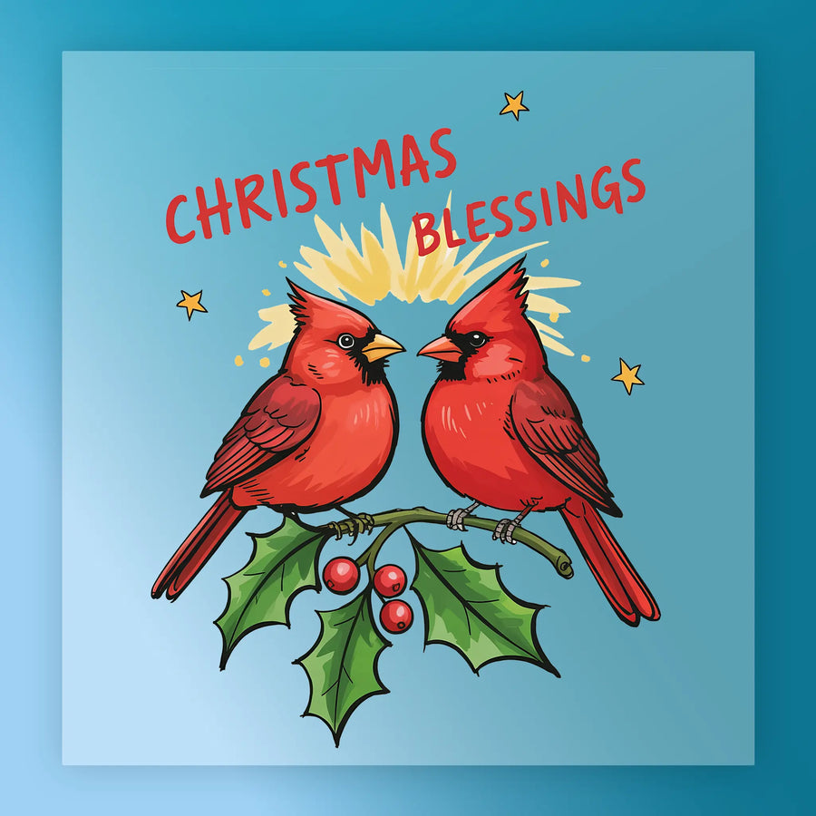 The Christmas Blessings Cardinals Design by InkMerge features two red cardinals on a holly branch with green leaves and berries, yellow stars, and festive text on a blue background—perfect for your DTF transfers or ugly sweater parties.