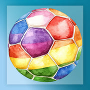 A watercolor painting of a colorful soccer ball with a rainbow pattern.