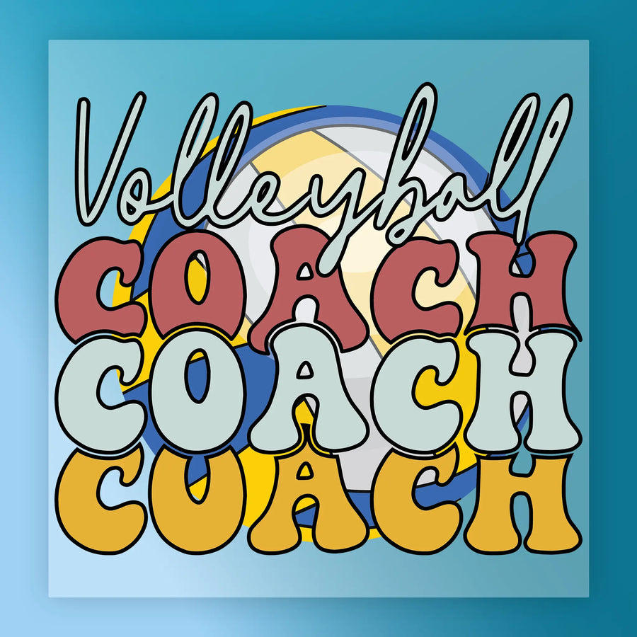 the text "Volleyball Coach Coach" in a stylized font, with the word "Volleyball" written in a cursive font and "Coach" in a bold, block font. The background of the image is blue.