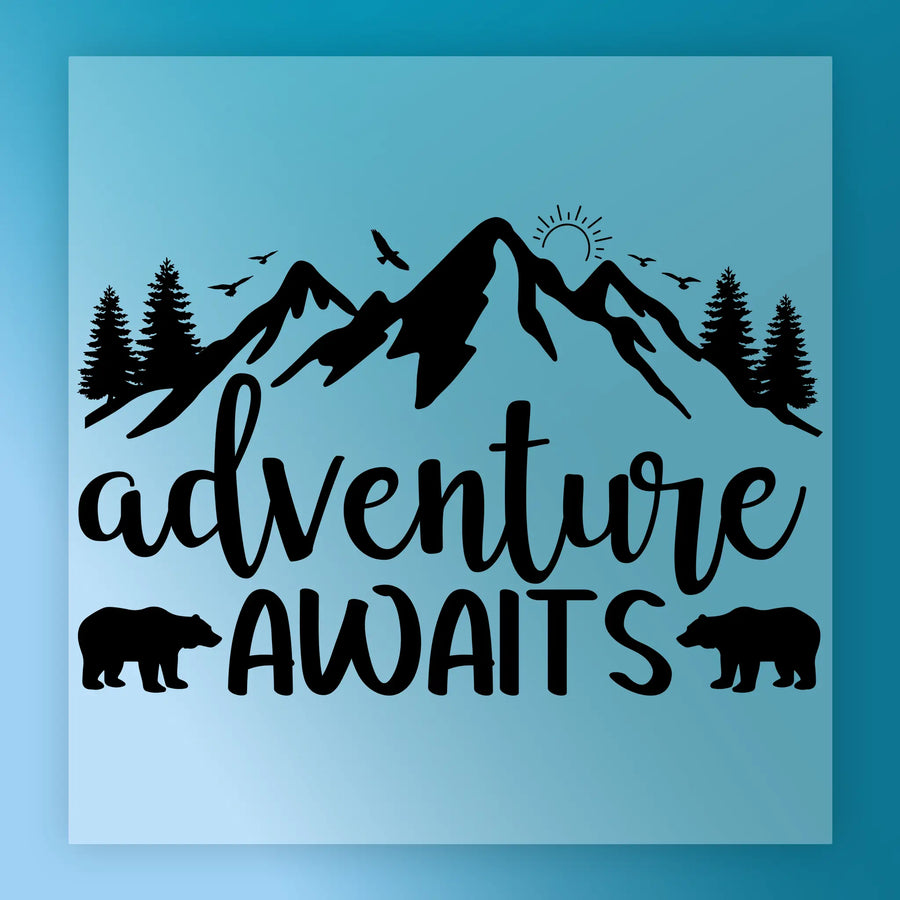 The InkMerge Adventure Awaits Nature Design features mountain, pine tree, and bird silhouettes with two bears flanking "adventure awaits" on blue—ideal for DTF transfers using your heat press.