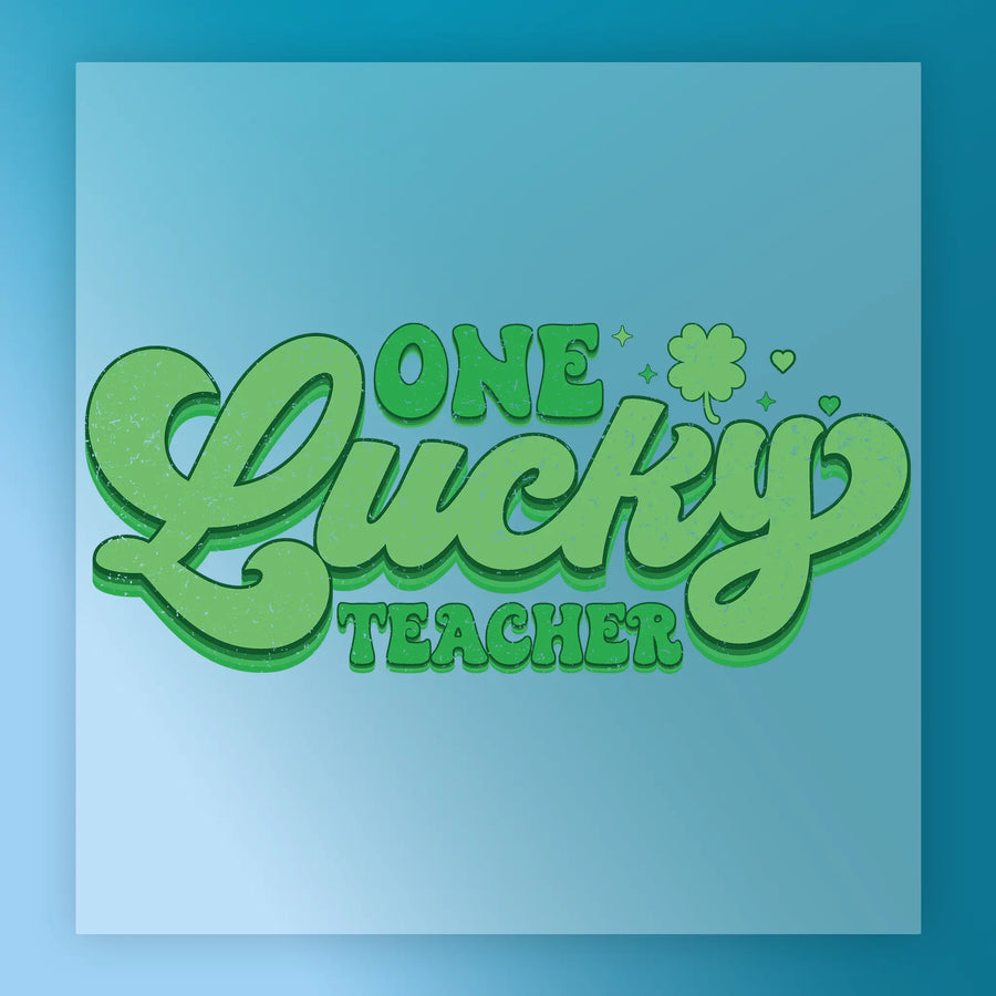 a stylized text that reads "One Lucky Teacher" in a vibrant green color against a blue background.