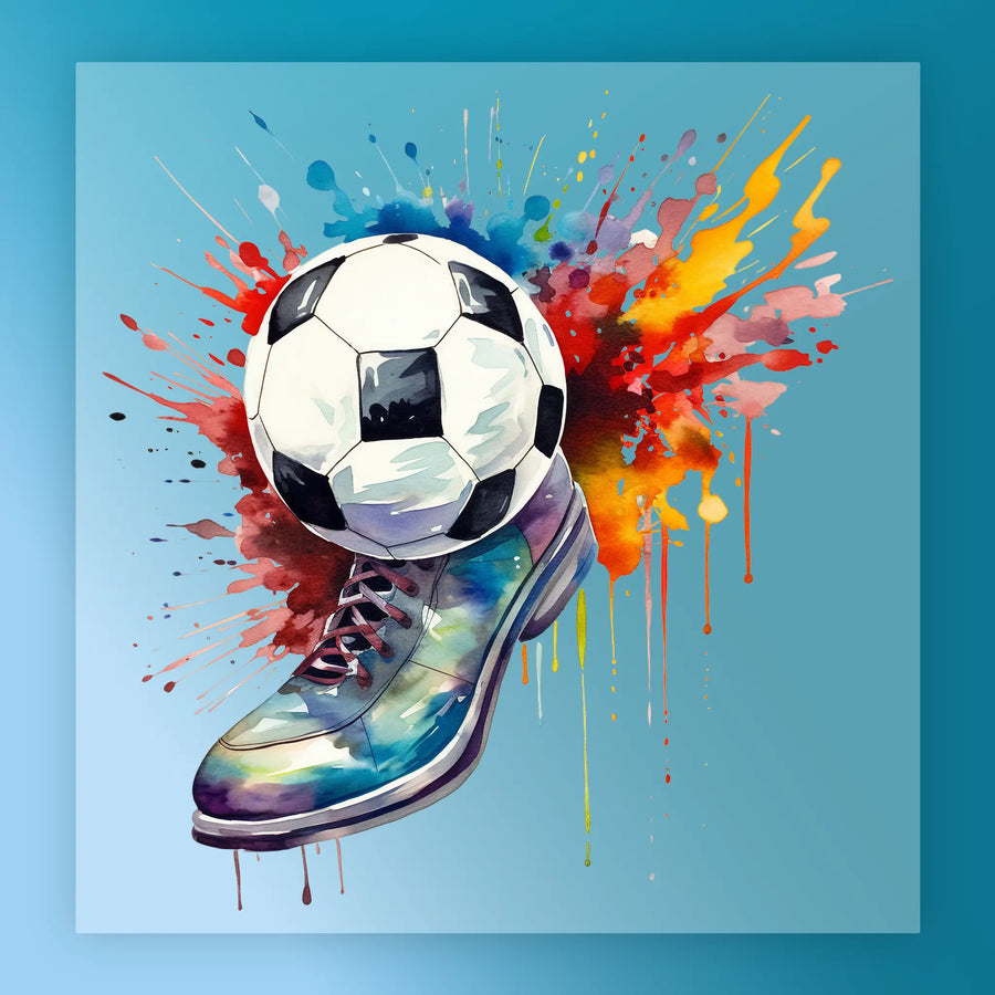 A colorful and dynamic illustration featuring a soccer ball surrounded by splashes of paint and a shoe, all set against a blue background.