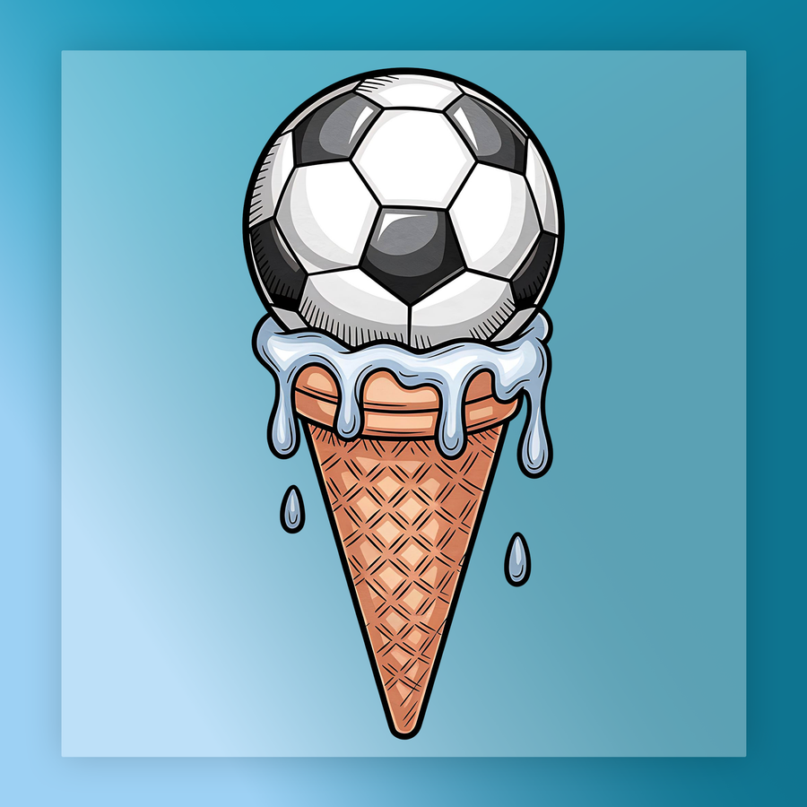 A soccer ball is sitting on top of an ice cream cone, with dripping ice cream coming out of the cone.