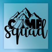 The InkMerge Camp Squad Adventure design features black text with a tent forming the “A” in Camp and mountains in the background on a blue square—ideal for screen printing or DTF transfers on custom apparel.
