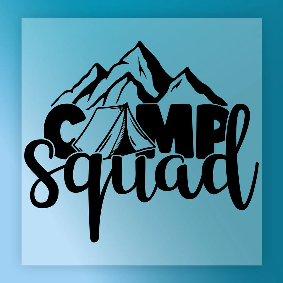 The InkMerge Camp Squad Adventure design features black text with a tent forming the “A” in Camp and mountains in the background on a blue square—ideal for screen printing or DTF transfers on custom apparel.