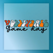 the text "Volleyball game day" written in a stylized font, with the word "Volleyball" in orange, "game" in black, and "day" in green.