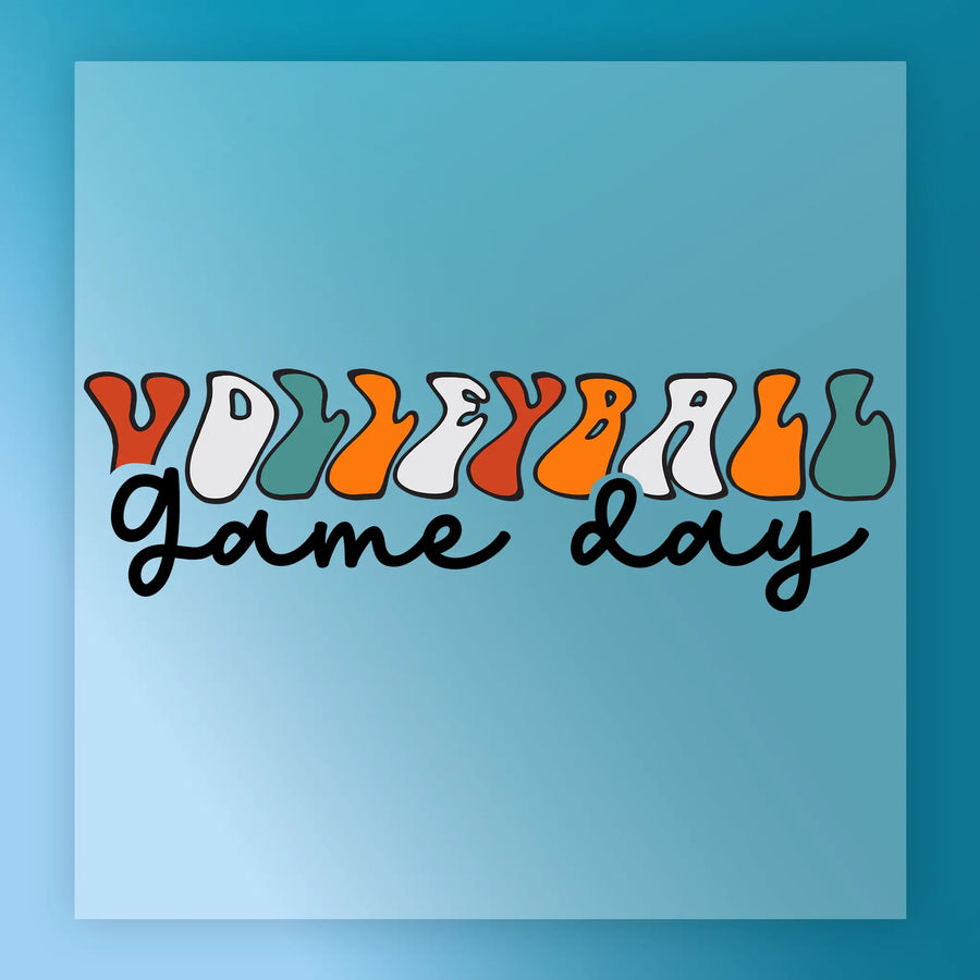 the text "Volleyball game day" written in a stylized font, with the word "Volleyball" in orange, "game" in black, and "day" in green.