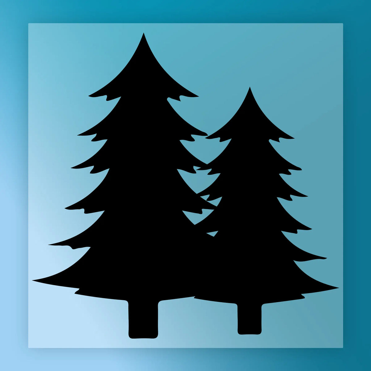 two stylized Christmas tree silhouettes against a blue background.