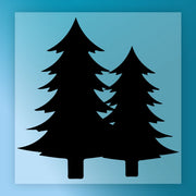 two stylized Christmas tree silhouettes against a blue background.